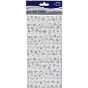 Pack of 5 silver star printed tissue paper sheets, 50x75cm, perfect for Christmas wrapping, gift bags, and crafts.