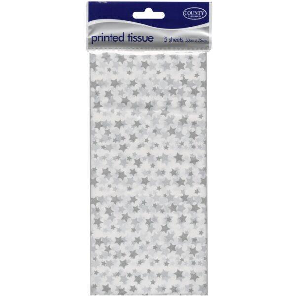 Pack of 5 silver star printed tissue paper sheets, 50x75cm, perfect for Christmas wrapping, gift bags, and crafts.