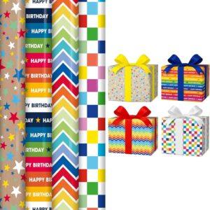 Bright birthday wrapping paper roll in colourful star print – 3m” “Happy Birthday text wrapping paper roll – 3m” “Rainbow zig-zag gift wrap roll – 3m” “Colourful block pattern birthday gift wrap roll – 3m” “Rainbow chevron birthday wrapping paper – 3m”