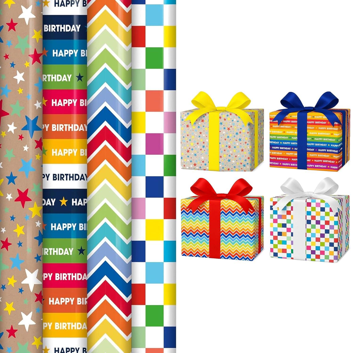 Bright birthday wrapping paper roll in colourful star print – 3m” “Happy Birthday text wrapping paper roll – 3m” “Rainbow zig-zag gift wrap roll – 3m” “Colourful block pattern birthday gift wrap roll – 3m” “Rainbow chevron birthday wrapping paper – 3m”