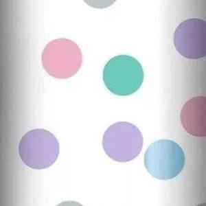 3m roll of pastel polka dot wrapping paper with soft colourful dots on white background