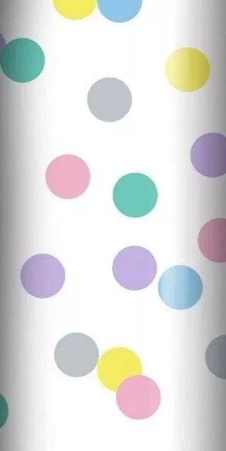 3m roll of pastel polka dot wrapping paper with soft colourful dots on white background
