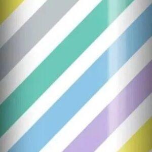 3m roll of pastel striped wrapping paper with diagonal soft coloured stripes.
