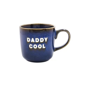 Navy blue reactive glaze stoneware mug with white embossed “Daddy Cool” text — stylish Father’s Day gift mug for dad.
