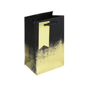 Black and gold distressed perfume gift bag with ribbon handles and matching gold tag, perfect for luxury gifts such as perfume or candles.