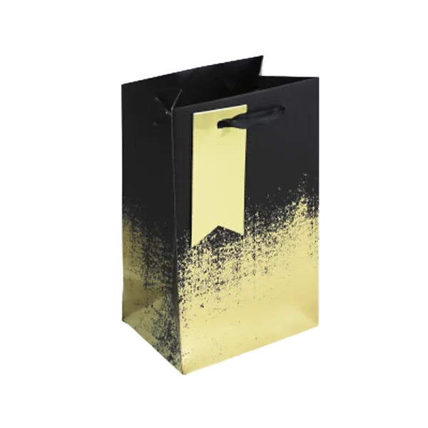 Black and gold distressed perfume gift bag with ribbon handles and matching gold tag, perfect for luxury gifts such as perfume or candles.