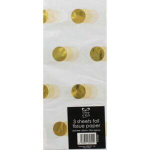 Pack of 3 white tissue paper sheets with metallic gold foil polka dots — luxury wrapping tissue for gifts, hampers, and crafts.
