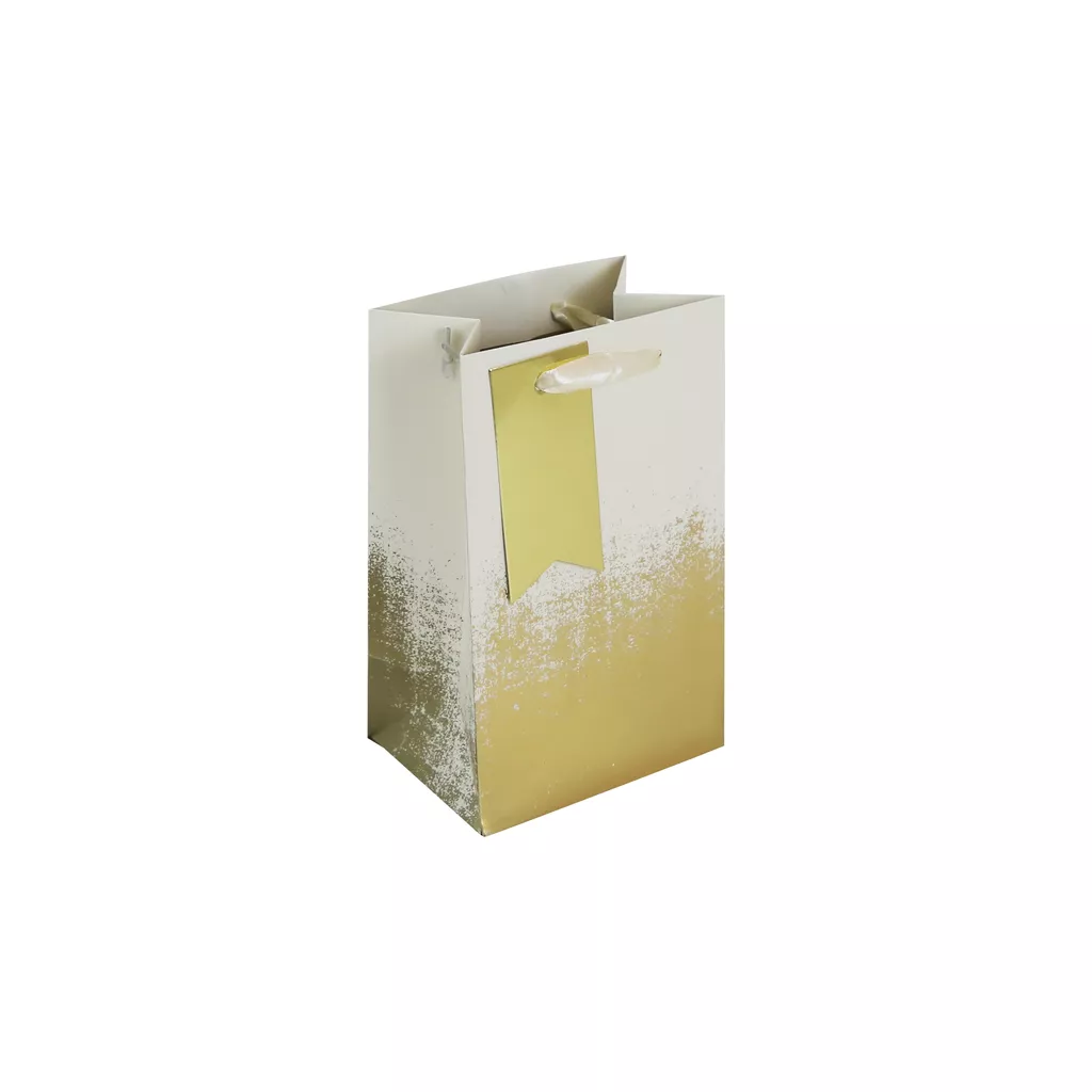 Cream and gold distressed perfume gift bag with ribbon handles and matching tag, perfect for small luxury gifts like perfume or candles.