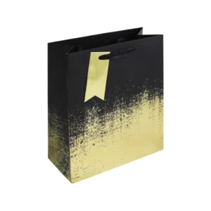 Medium black and gold distressed gift bag with satin ribbon handles and matching gold tag, perfect for elegant gift presentation.