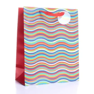 Medium multicolour wavy stripe gift bag with red ribbon handles and round tag, perfect for birthdays and bright celebrations.