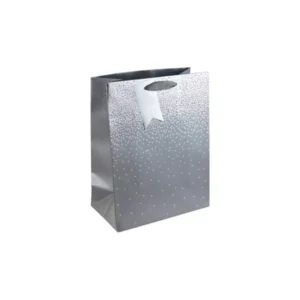 Medium silver metallic dot gift bag with integrated handles and matching silver tag, perfect for elegant and modern gift wrapping.