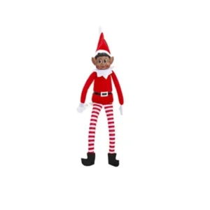 Cheeky Christmas Elf on the Shelf doll in red and white outfit with striped leggings, ideal for festive family fun and home decoration.