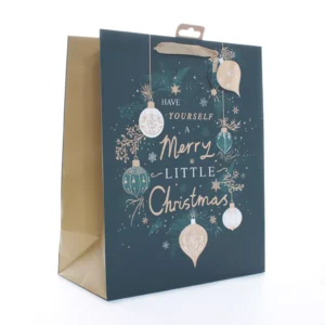 Small green and gold Christmas gift bag with “Have Yourself a Merry Little Christmas” text and festive bauble design.