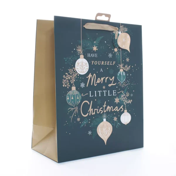 Small green and gold Christmas gift bag with “Have Yourself a Merry Little Christmas” text and festive bauble design.