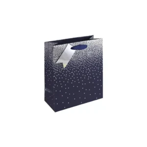 Medium navy and silver foil gift bag with dotted pattern and silver gift tag — elegant packaging for gifts and special occasions.