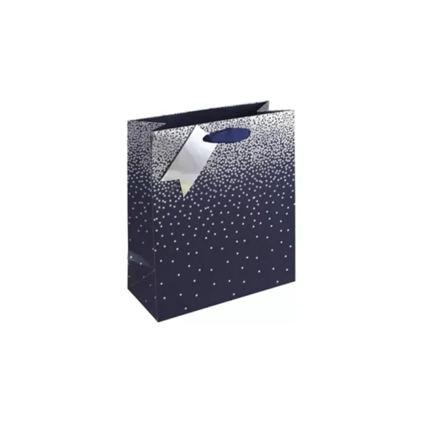 Medium navy and silver foil gift bag with dotted pattern and silver gift tag — elegant packaging for gifts and special occasions.