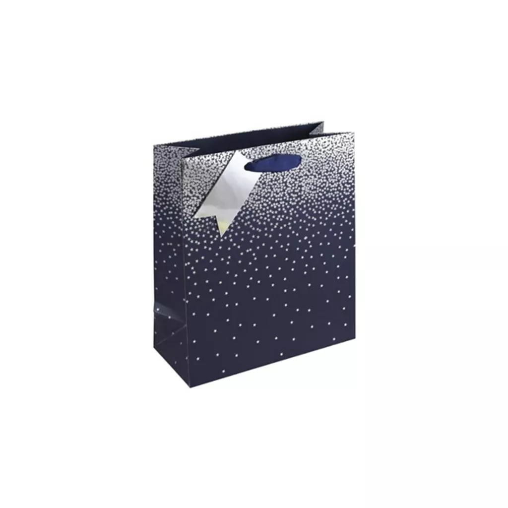 Medium navy and silver foil gift bag with dotted pattern and silver gift tag — elegant packaging for gifts and special occasions.