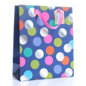 Large multicolour polka dot gift bag with pink ribbon handles and striped tag — bright and cheerful packaging for birthdays or parties.