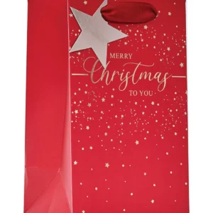 Small red Merry Christmas gift bag with gold foil stars, elegant script, matching star tag and ribbon handles — perfect for festive gifting.