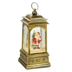 Premier 21cm LED Vintage Lantern with Santa and Christmas tree scene, featuring gold finish, swirling glitter, and warm white LED illumination.