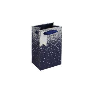 Navy and silver star perfume gift bag with foil finish and satin ribbon handle.