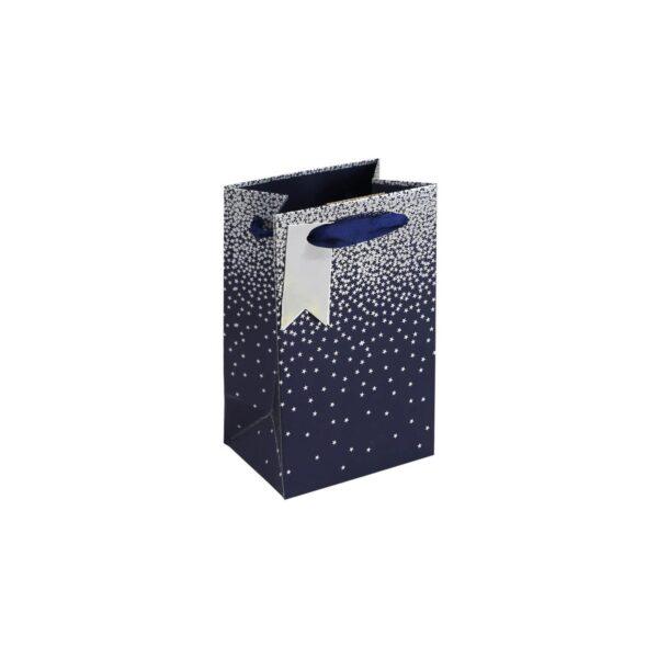 Navy and silver star perfume gift bag with foil finish and satin ribbon handle.