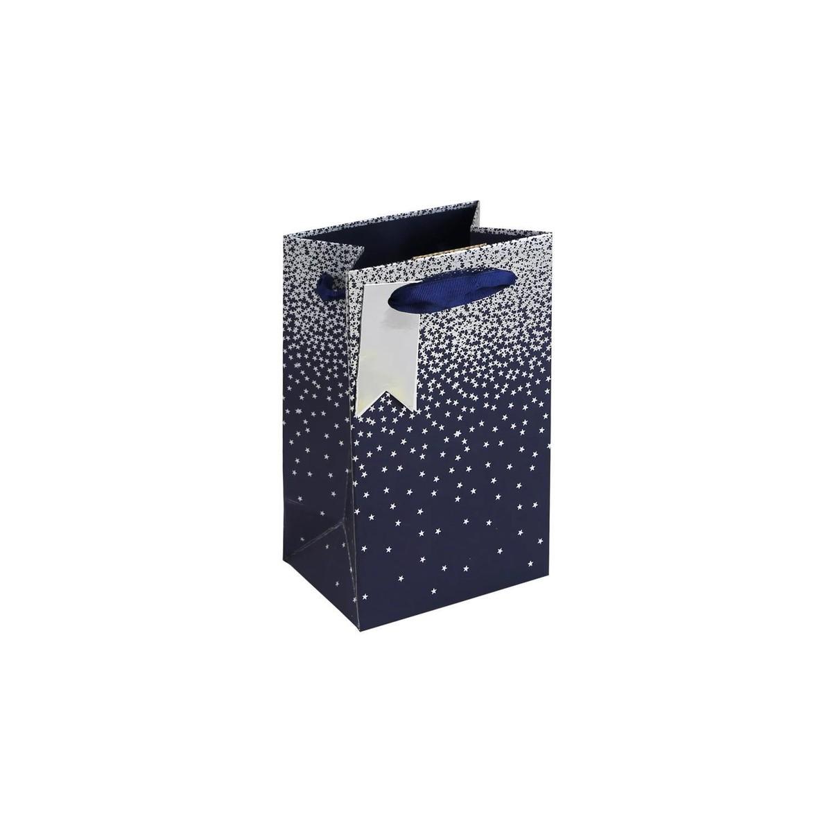 Navy and silver star perfume gift bag with foil finish and satin ribbon handle.