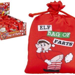 Red Naughty Elf Bag of Farts novelty gift featuring a cartoon elf and drawstring design — a funny Christmas stocking filler or prank gift.