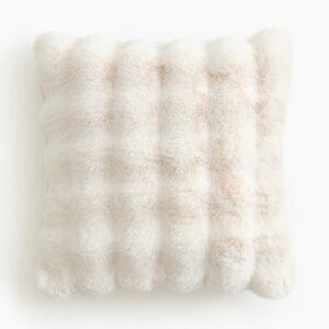 Soft neutral textured cushion in beige, 40 x 40 cm decorative cushion styled on a sofa