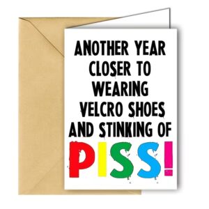 funny rude birthday card about ageing and velcro shoes with bold text design