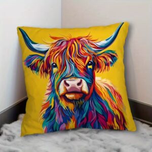 multi colour cow print cushion styled on sofa with vibrant pattern