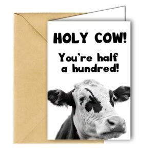 holy cow you're half a hundred 50th birthday card with cow design