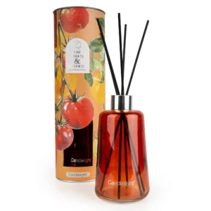 vine tomato and cedarwood reed diffuser in amber glass bottle