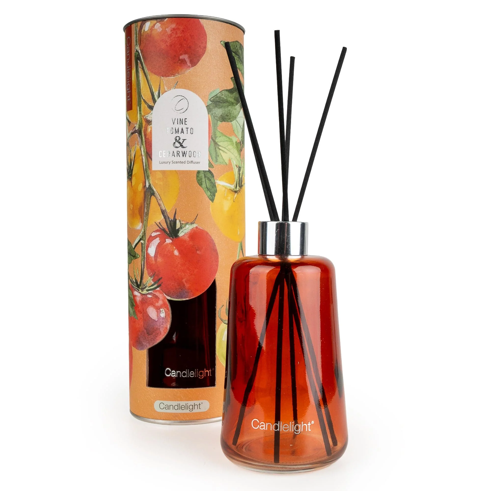vine tomato and cedarwood reed diffuser in amber glass bottle