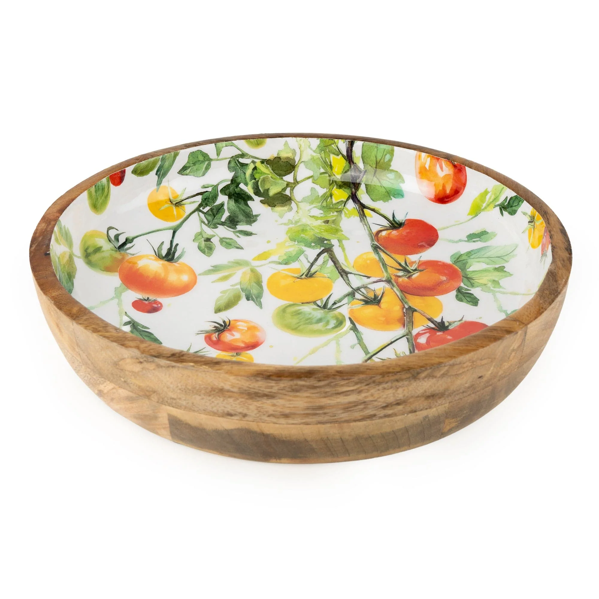 30cm mango wood serving bowl featuring colourful tomato vine botanical design
