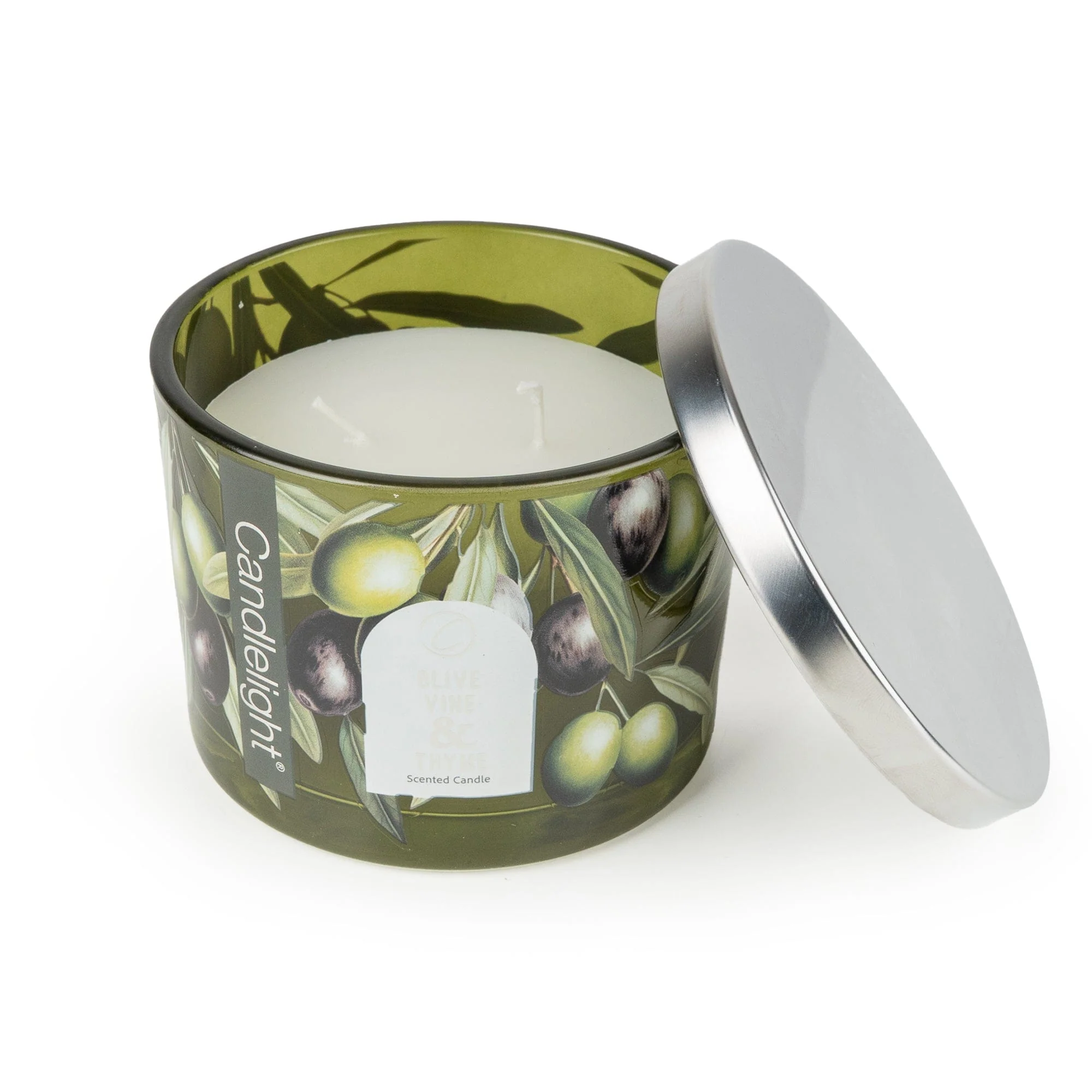xt Olive Vine and Thyme scented candle in decorative green glass jar with silver metal lid