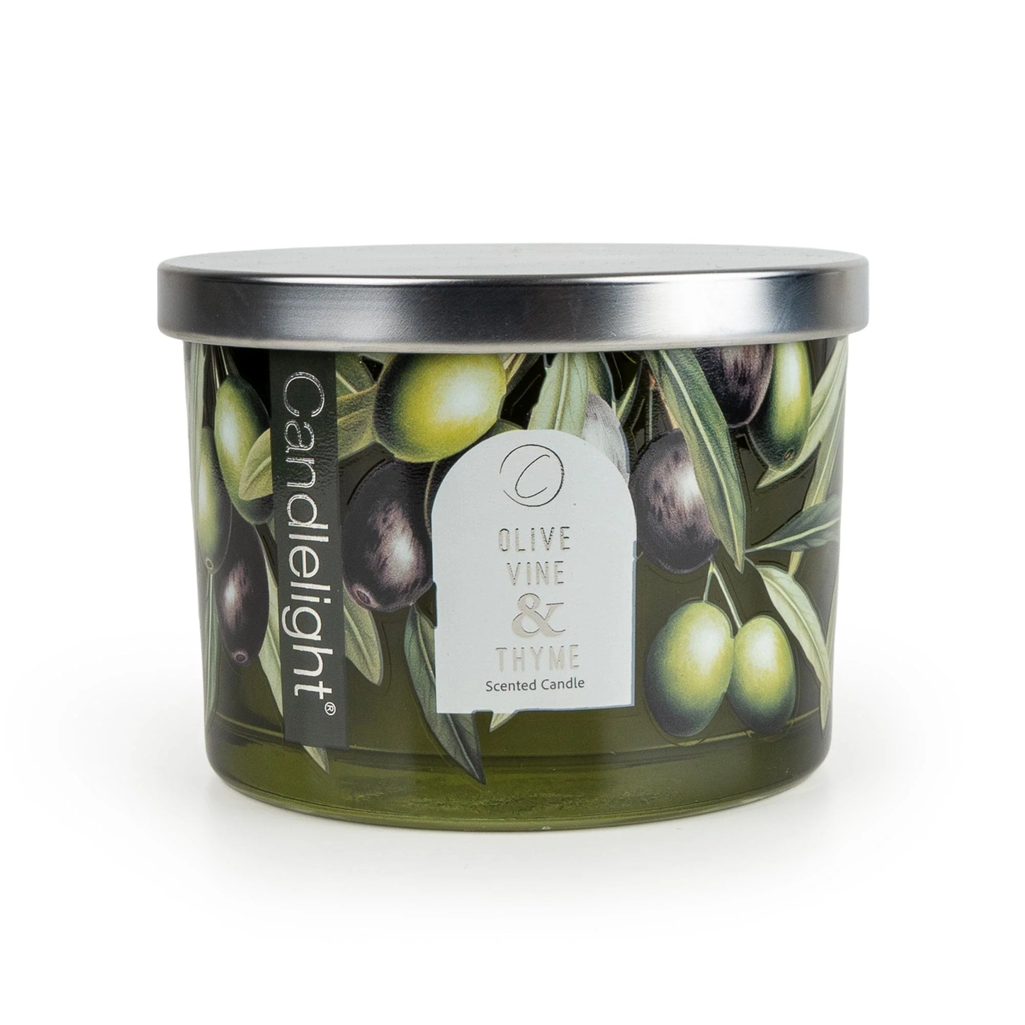 xt Olive Vine and Thyme scented candle in decorative green glass jar with silver metal lid