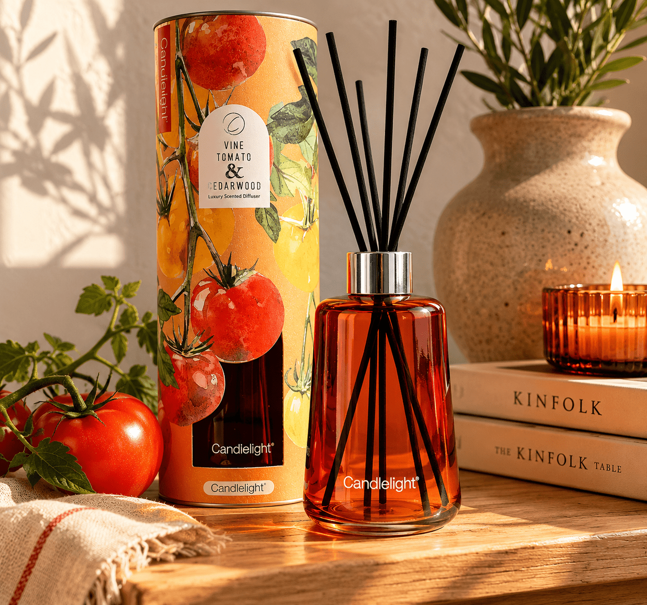vine tomato and cedarwood reed diffuser in amber glass bottle