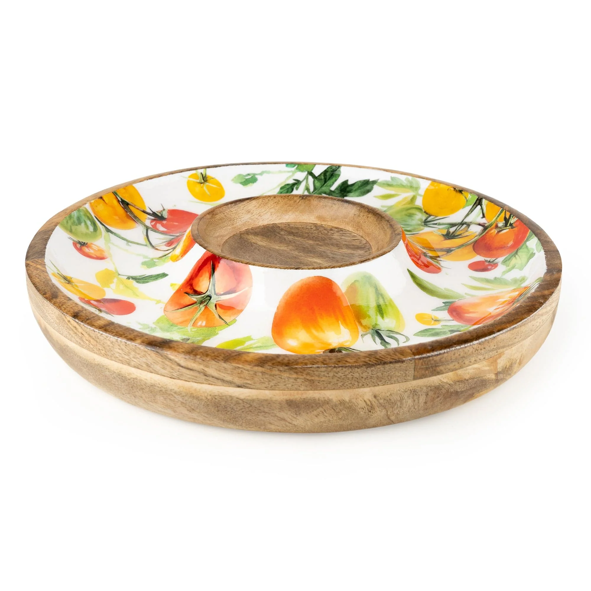 30cm mango wood chip and dip serving dish with colourful tomato vine botanical design