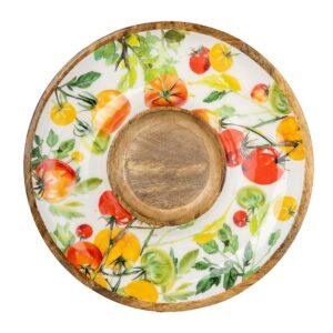 30cm mango wood chip and dip serving dish with colourful tomato vine botanical design