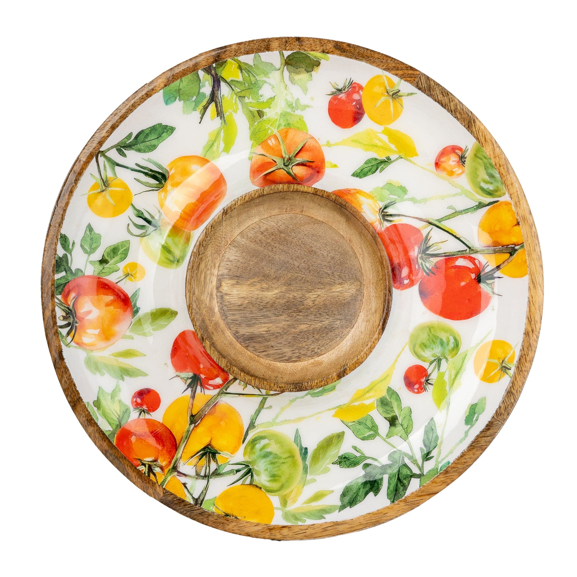 30cm mango wood chip and dip serving dish with colourful tomato vine botanical design