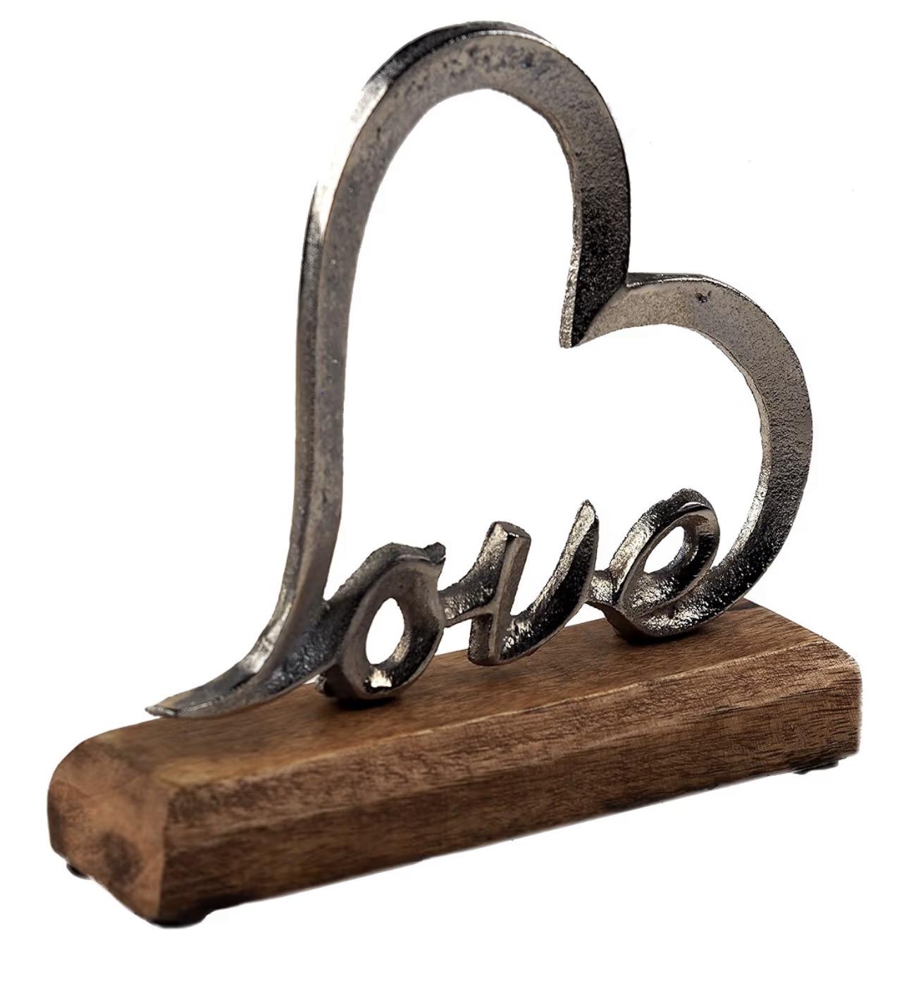 Love Heart Metal Sculpture with Wooden Base