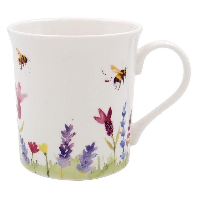 Lavender and Bee fine china mug featuring bees and lavender flowers