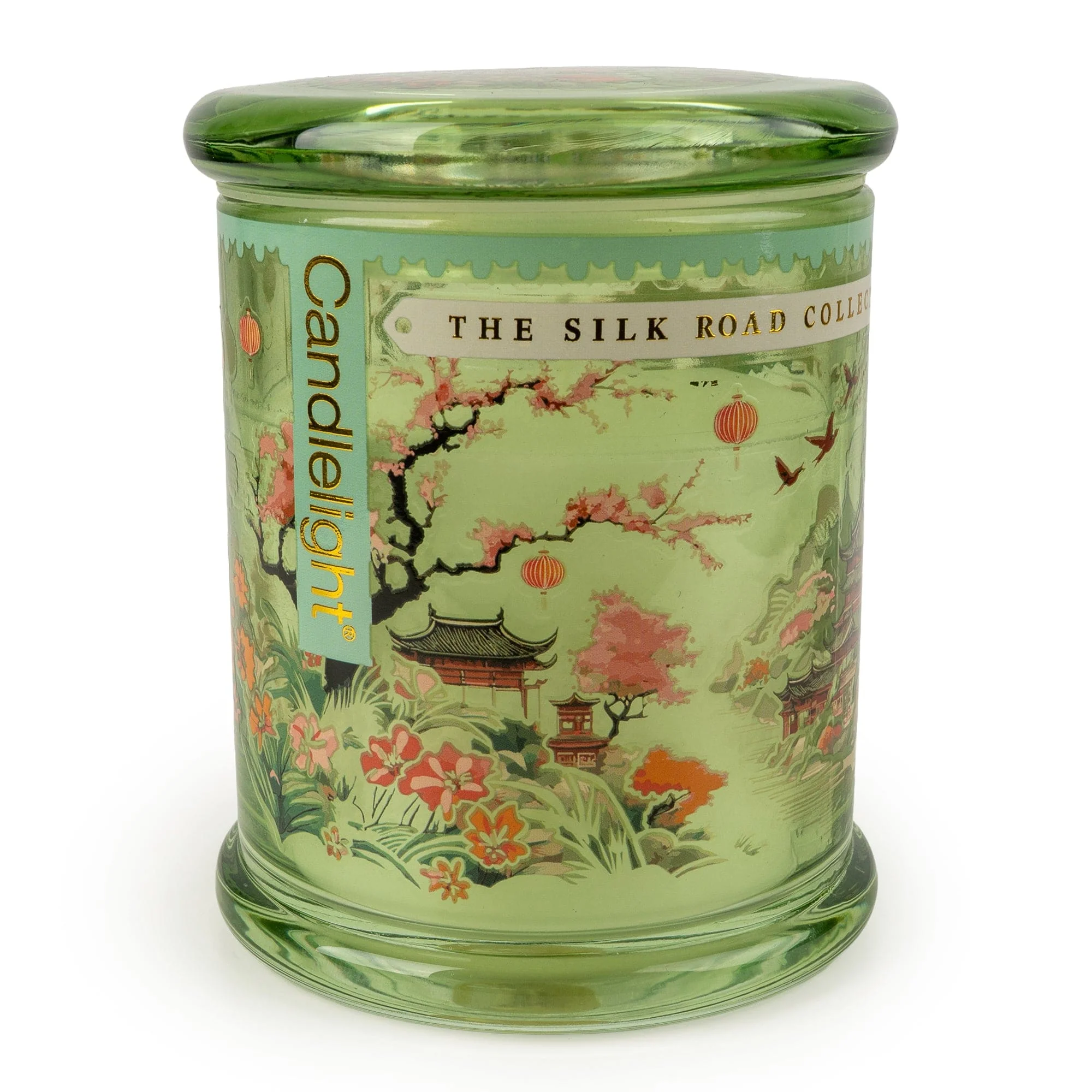 Chengdu large green glass candle with decorative Silk Road Collection artwork and matching lid