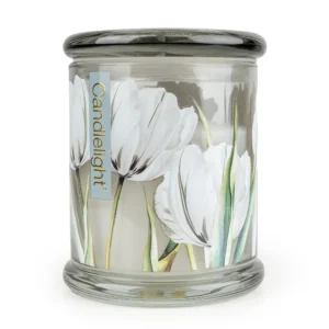 White Tulip and Bergamot large glass jar candle with decorative floral design and glass lid