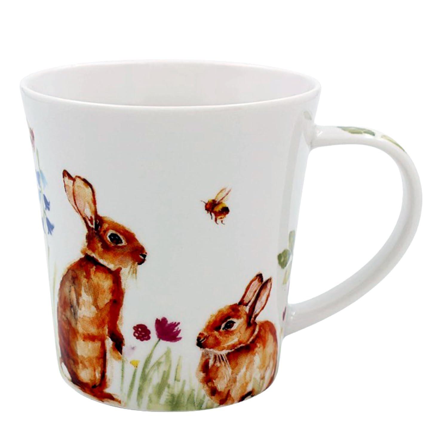 Feather and Fur Bunnies Fine China Mug featuring rabbits, flowers and bees