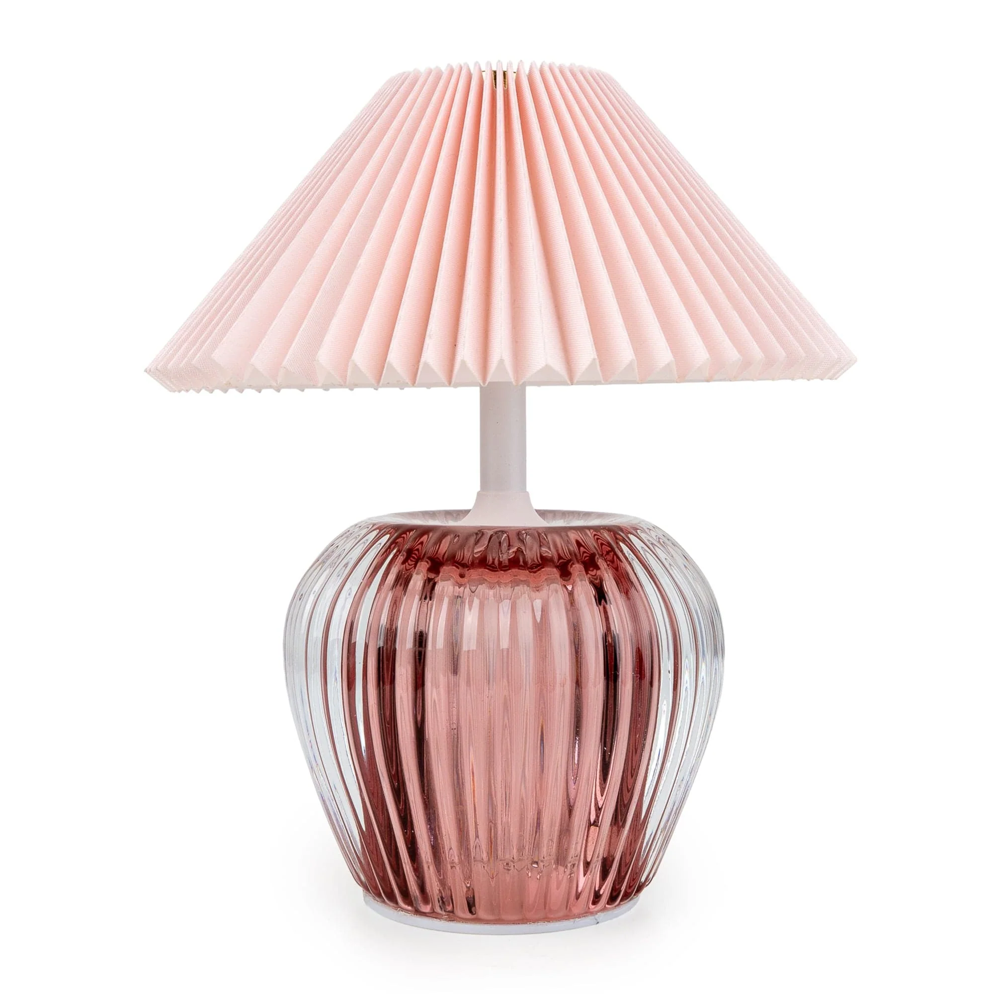 Ridged Glass LED Table Lamp with Pleated Shade – Pink