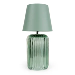 Green ridged glass table lamp with matching green lampshade