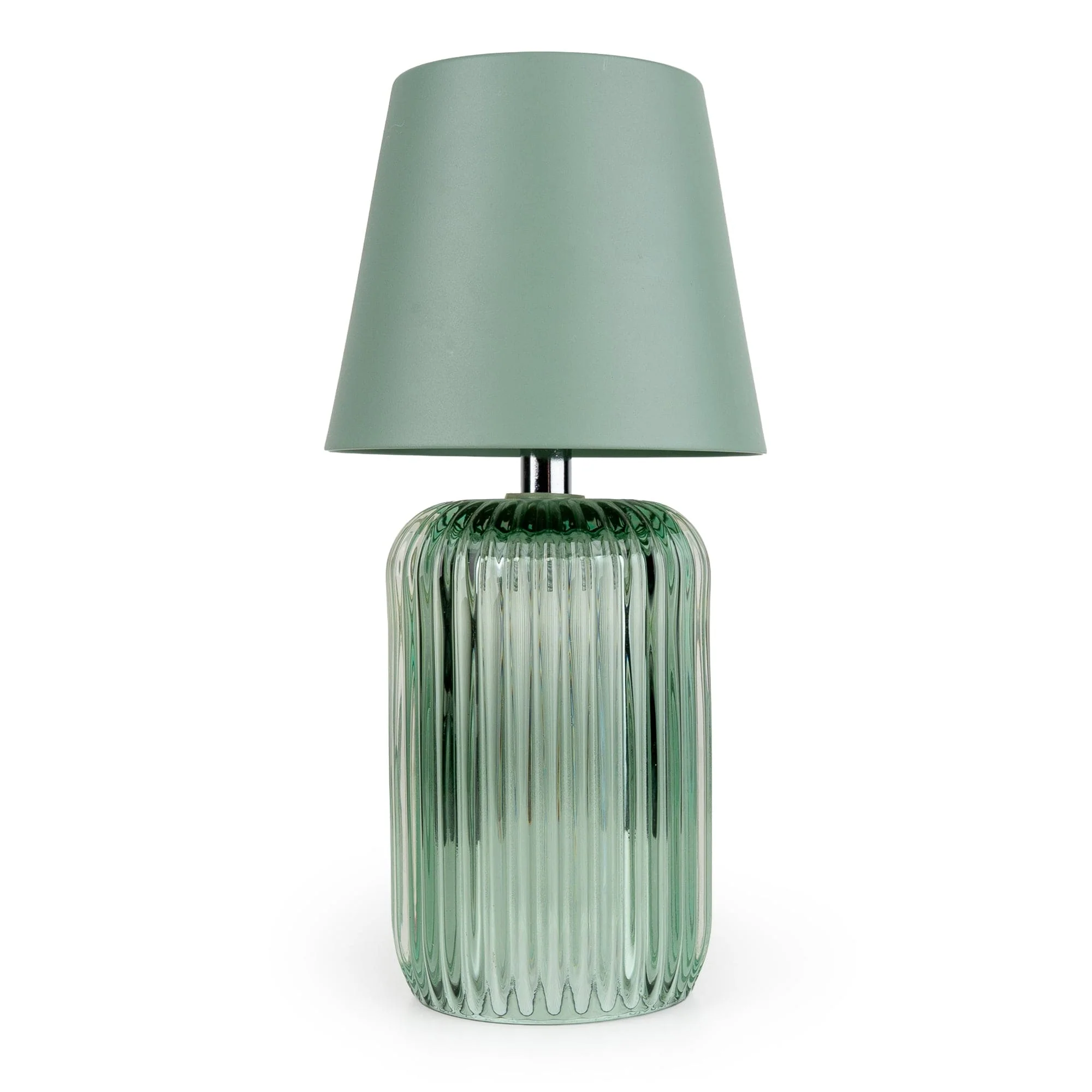 Green ridged glass table lamp with matching green lampshade
