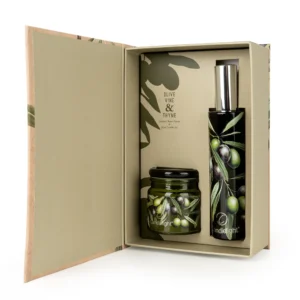 Olive Vine and Thyme room spray and candle gift set in luxury presentation box